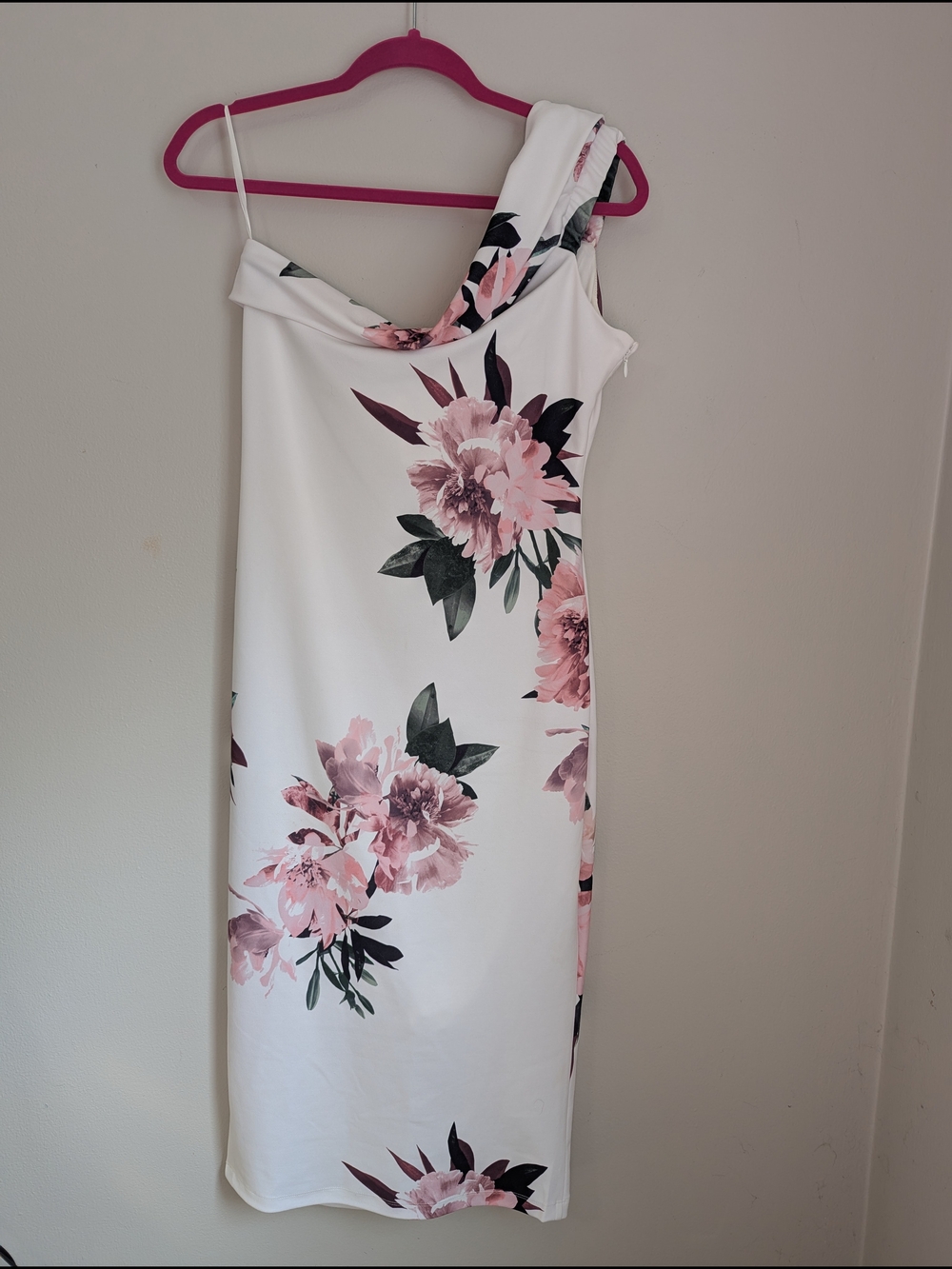 Le Chateau White Floral One-Shoulder Dress with Pink Blooms NWT Women's L - Picture 2 of 5
